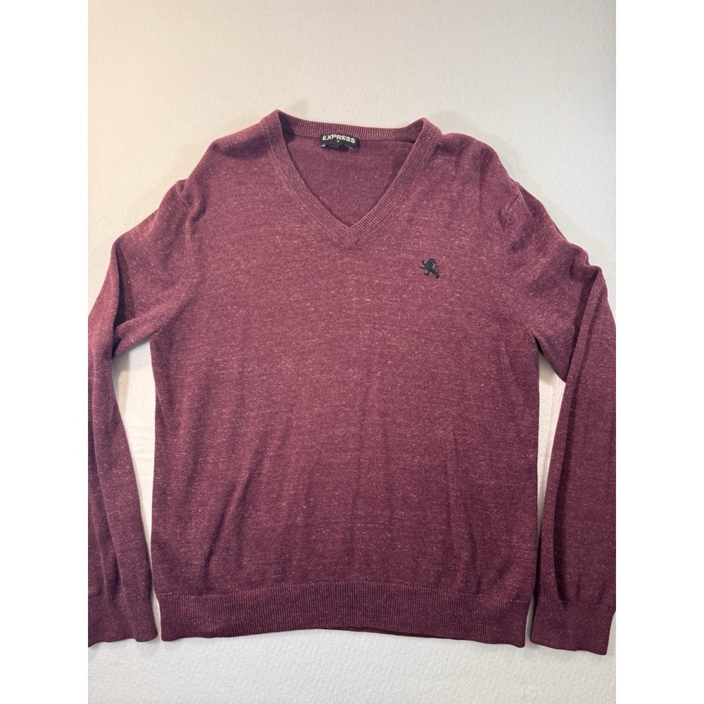 Express Mens V Neck Sweater Large Maroon Embroidered Lion Cotton Pullover